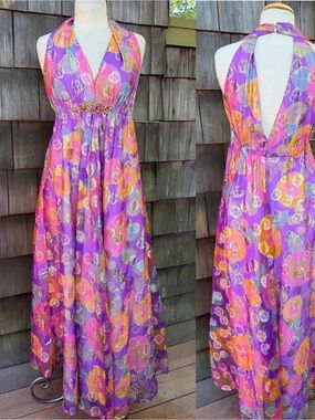 Vtg glam maxi dress metallic pastels chiffon floral halter style custom made Sm